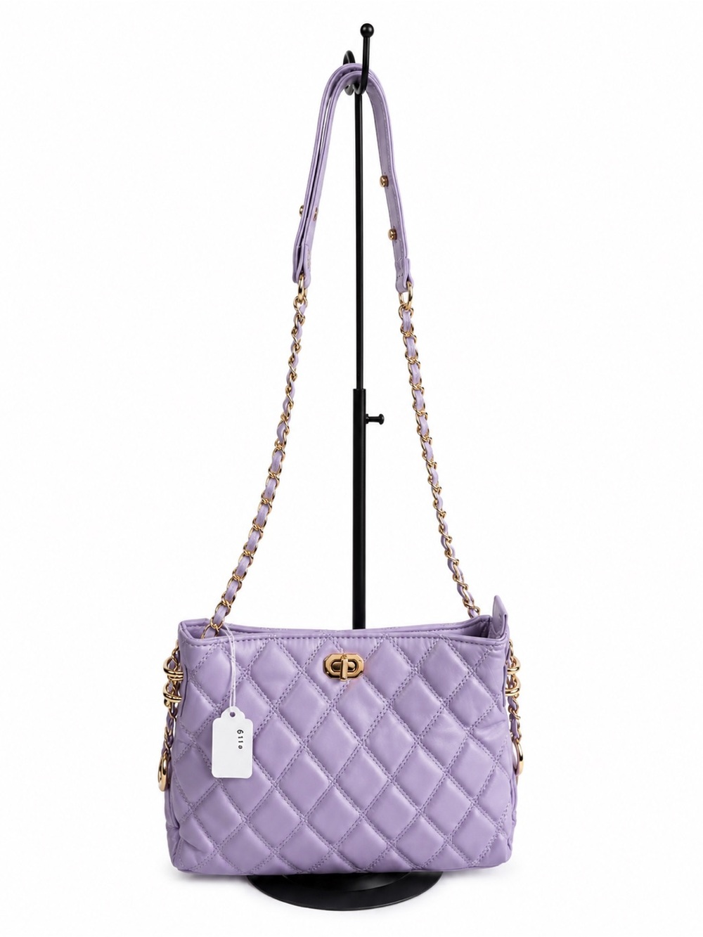 Lavender Quilted Shoulder Bag with Gold Chain Strap